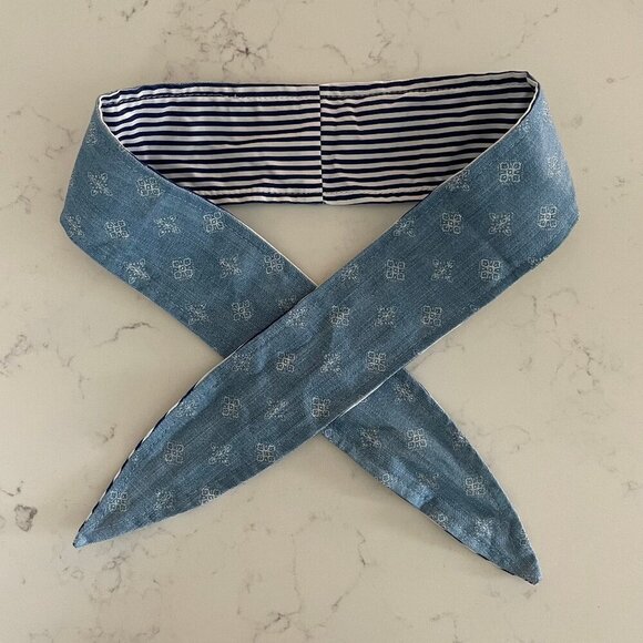Upcycle Reversible Hair Tie Stripes & Denim Print Blue White Cream Sz OS - Picture 1 of 5